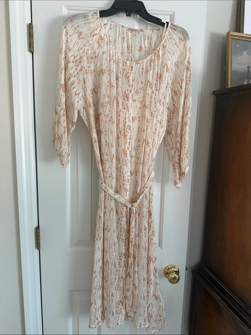 ESQUALO Cream & Tan Button-Front Midi Dress with Tie Waist